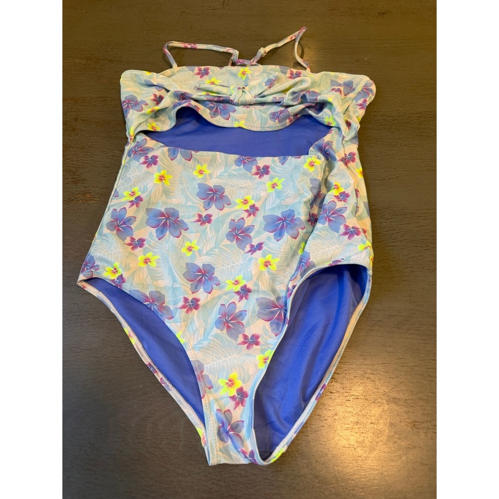 Hurley Girls XL 13-15 Floral Cutout One Piece Swimsuit Blue Purple Tropical